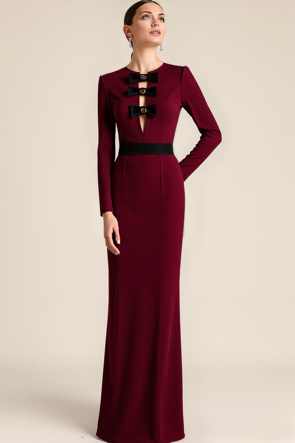 Burgundy Jewel Neck Long Sleeves Formal Dress with Bows