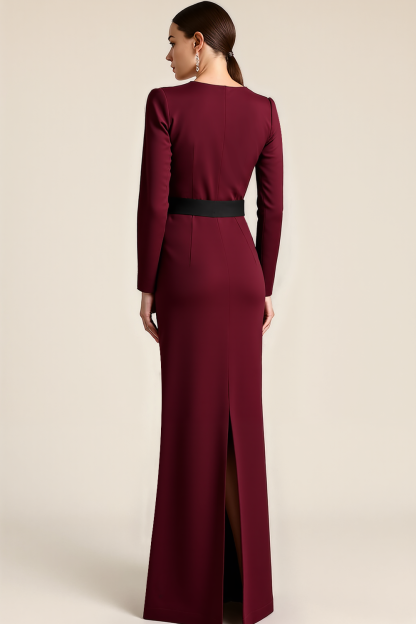 Burgundy Jewel Neck Long Sleeves Formal Dress with Bows