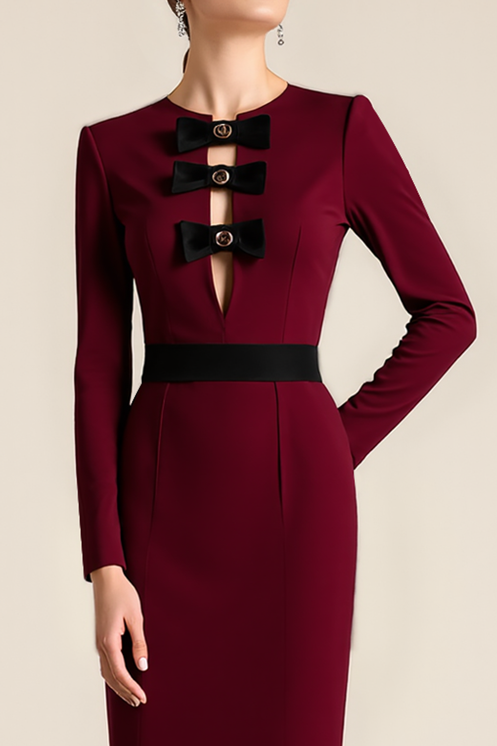 Burgundy Jewel Neck Long Sleeves Formal Dress with Bows