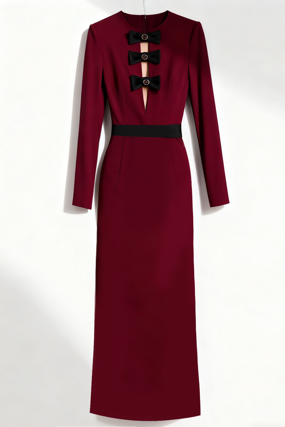 Burgundy Jewel Neck Long Sleeves Formal Dress with Bows