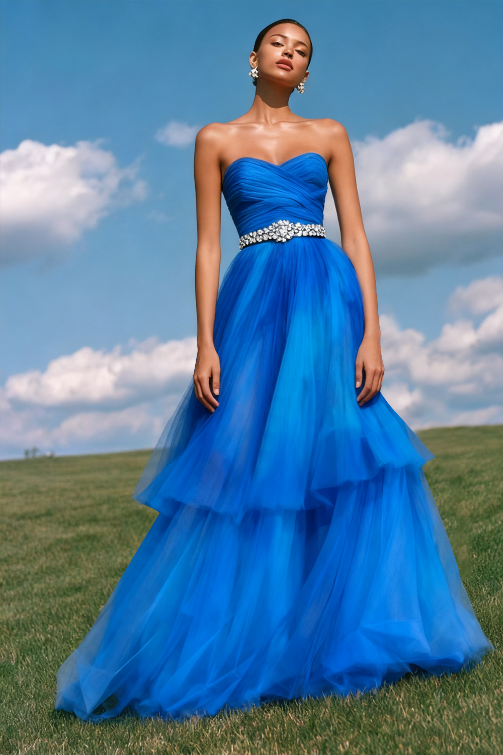 Leely Women Sparkly Royal Blue Long Prom Dress with Beading A-Line Tiered Sweetheart Tulle Formal Dress