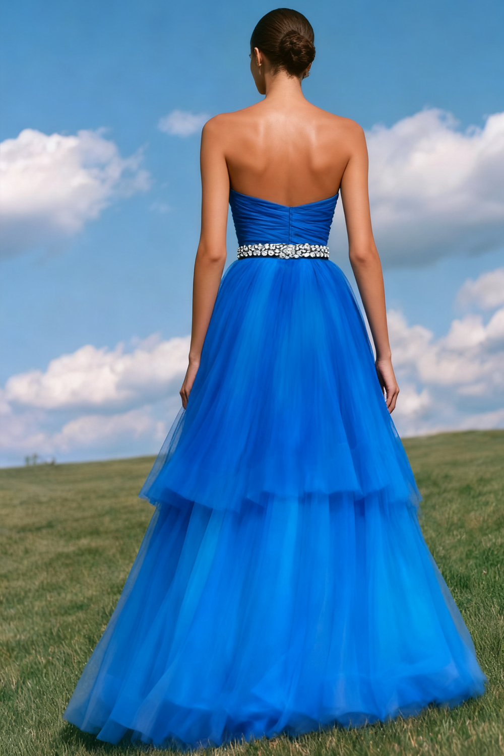 Sparkly Royal Blue Tiered Long A-Line Sweetheart Prom Dress with Beading
