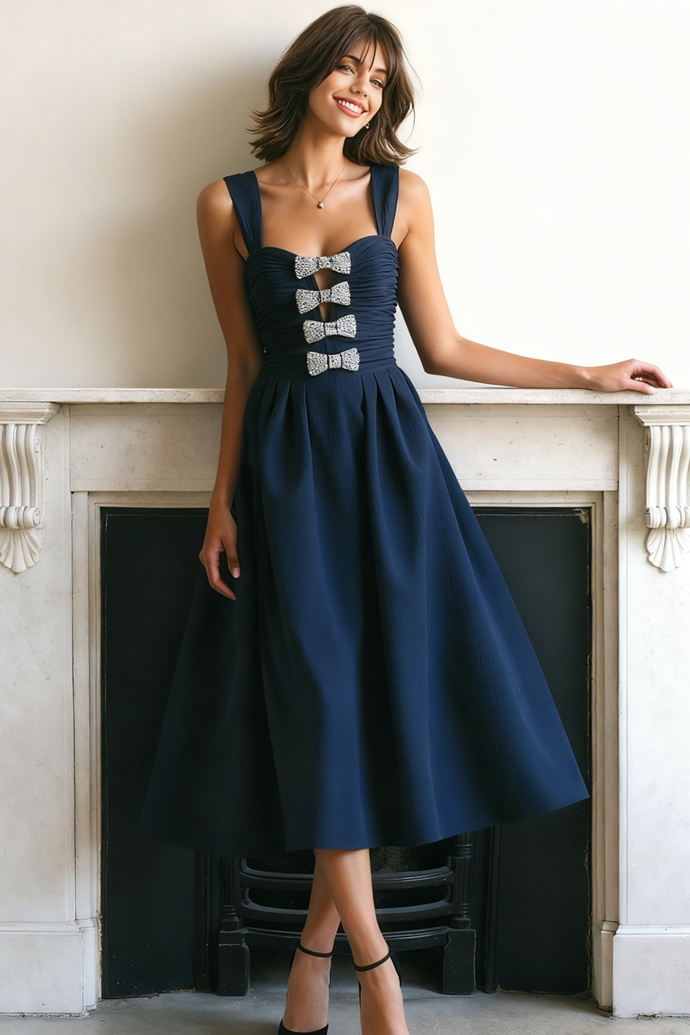 Leely Women Navy A-Line Midi Formal Dress with Bows Thick Straps Backless Evening Dress