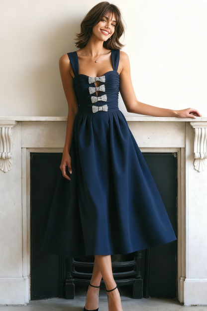 Leely Women Navy A-Line Midi Formal Dress with Bows Thick Straps Backless Evening Dress