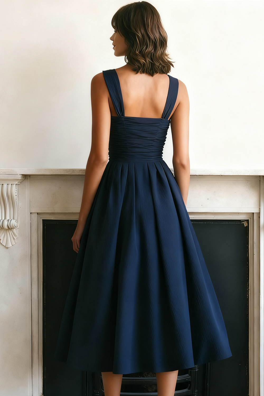 Navy Thick Straps A-Line Midi Formal Dress with Bows