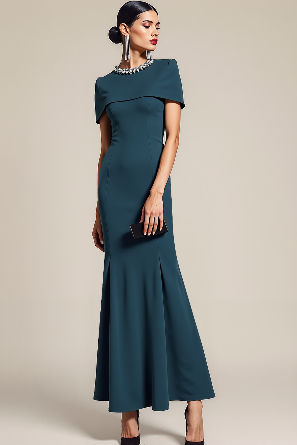 Leely Women Sparkly Peacock Blue Mermaid Formal Dress with Cape Jewel Neck Evening Dress with Rhinestones