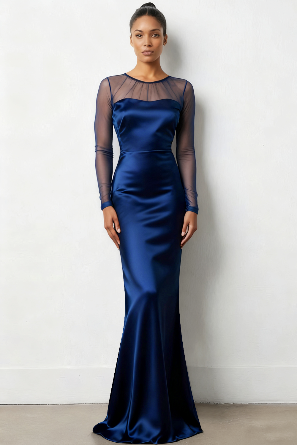 Leely Women Navy Mermaid Illusion Neck Formal Dress Long Sleeves Satin Evening Dress