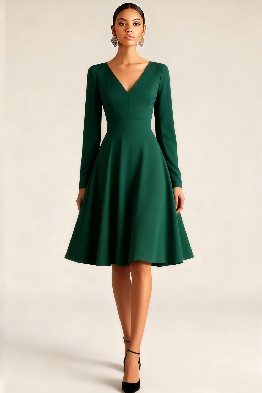 Emerald Green V-Neck A-Line Midi Semi-Formal Dress