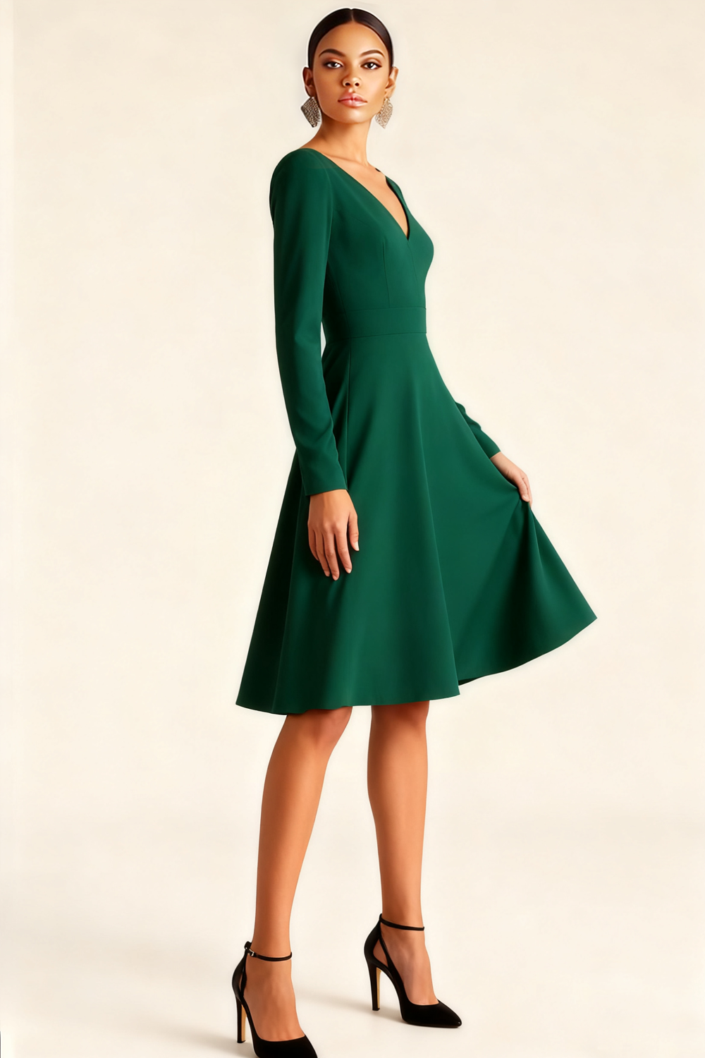 Emerald Green V-Neck A-Line Midi Semi-Formal Dress