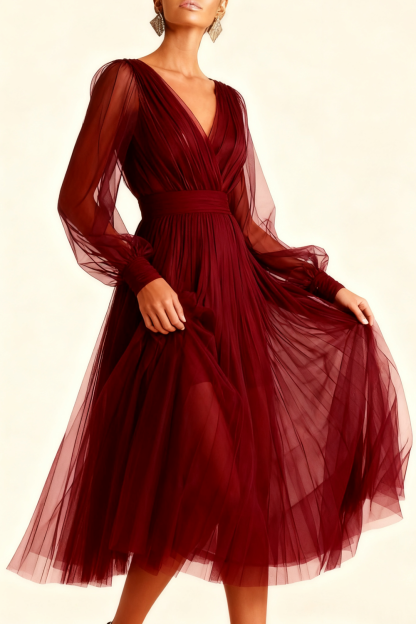 Emerald Green A Line V-Neck Midi Evening Dress with Sleeves