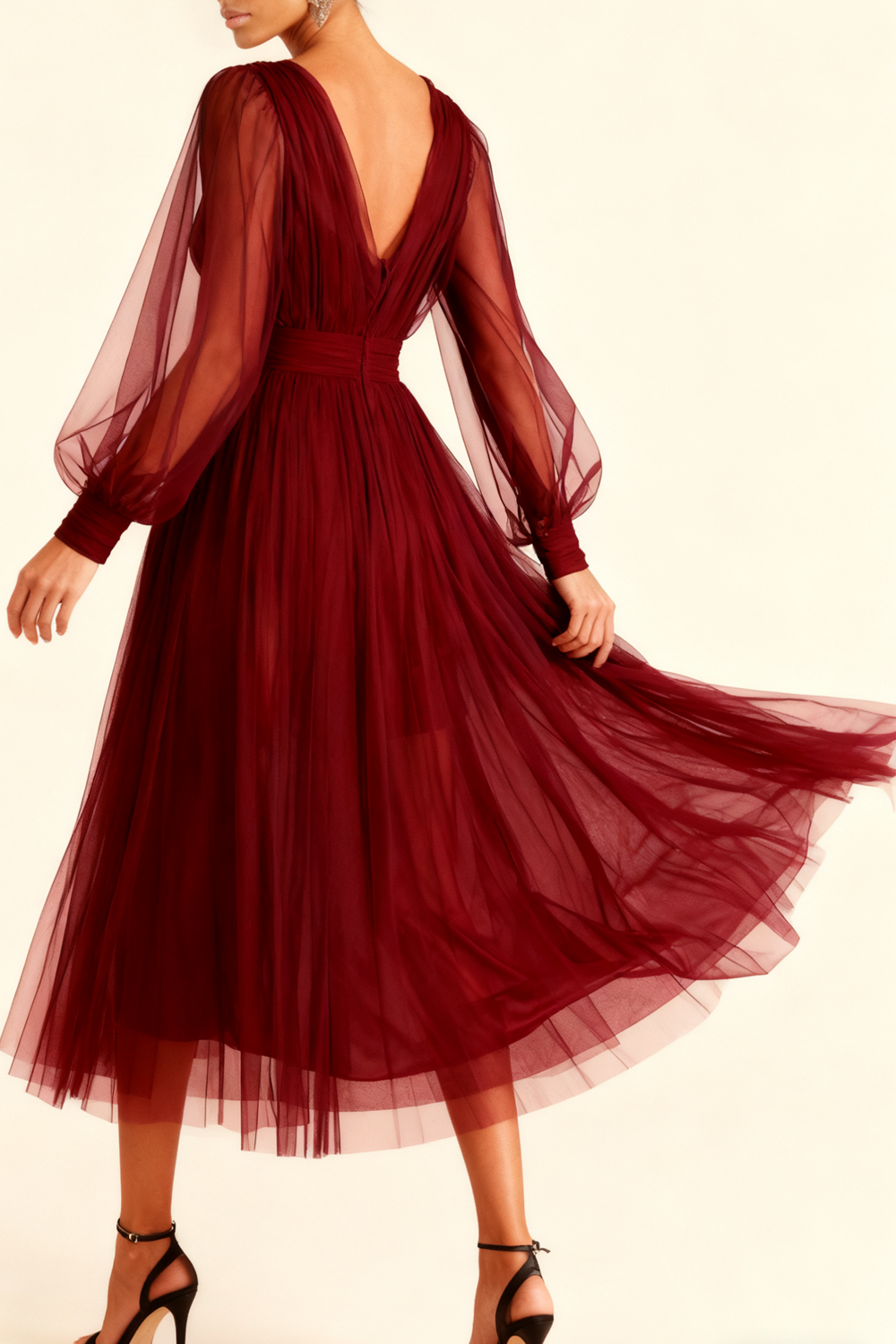 Emerald Green A Line V-Neck Midi Evening Dress with Sleeves