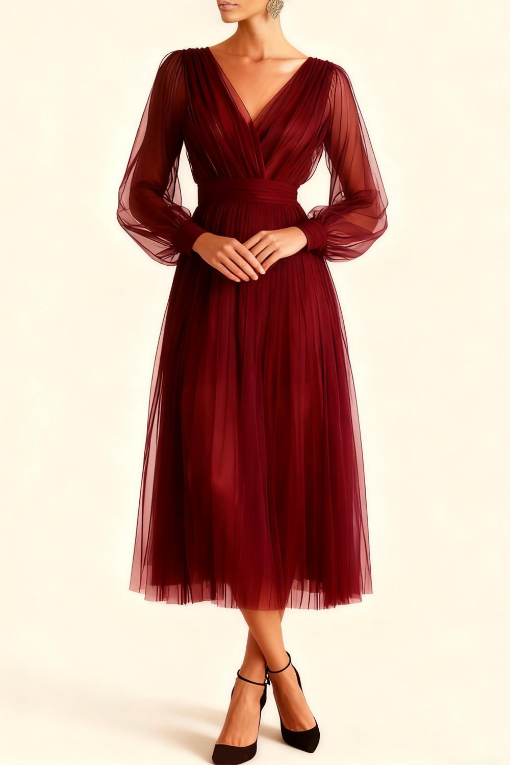 Emerald Green A Line V-Neck Midi Evening Dress with Sleeves