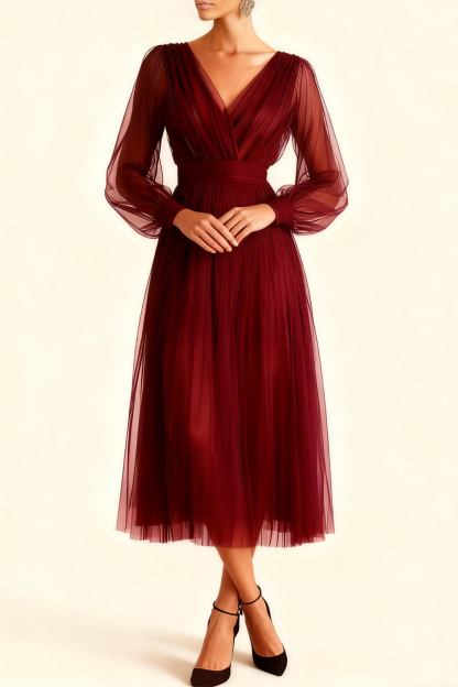 Emerald Green A Line V-Neck Midi Evening Dress with Sleeves