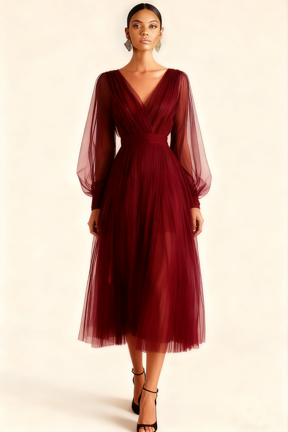 Emerald Green A Line V-Neck Midi Evening Dress with Sleeves