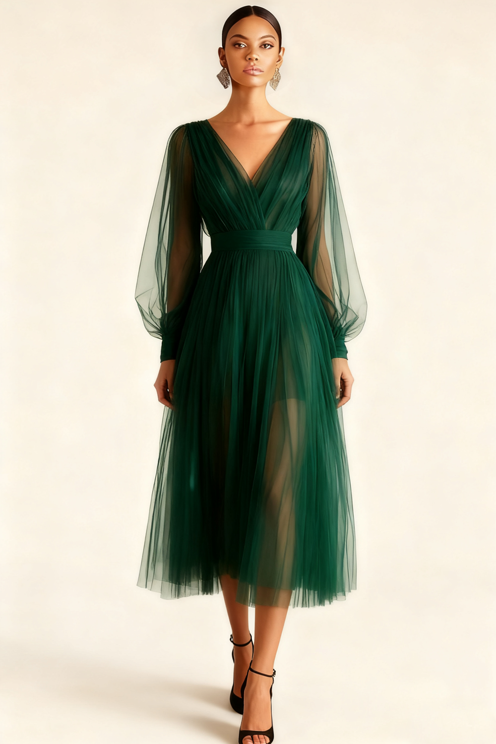 Emerald Green A Line V-Neck Midi Evening Dress with Sleeves