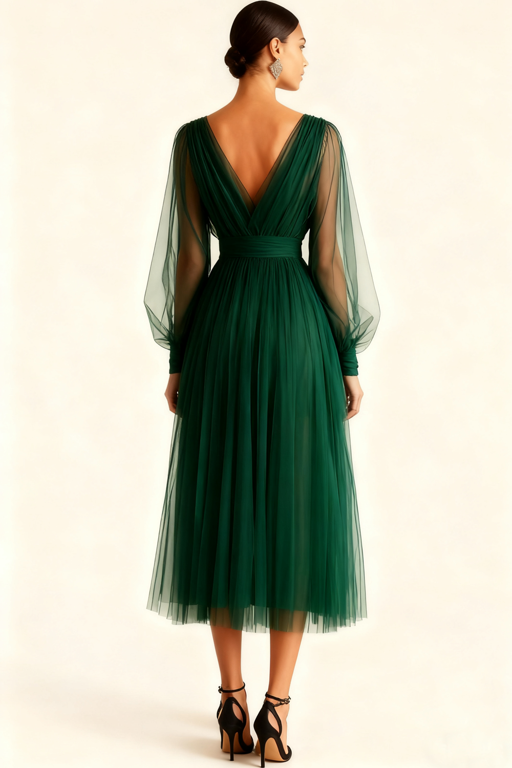 Emerald Green A Line V-Neck Midi Evening Dress with Sleeves