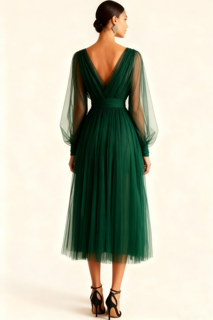 Emerald Green A Line V-Neck Midi Evening Dress with Sleeves