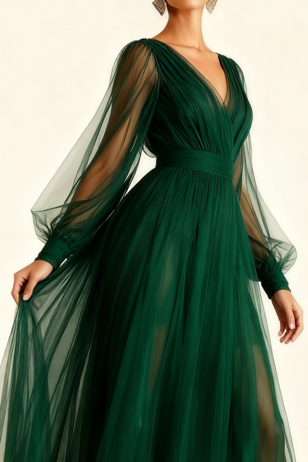 Emerald Green A Line V-Neck Midi Evening Dress with Sleeves