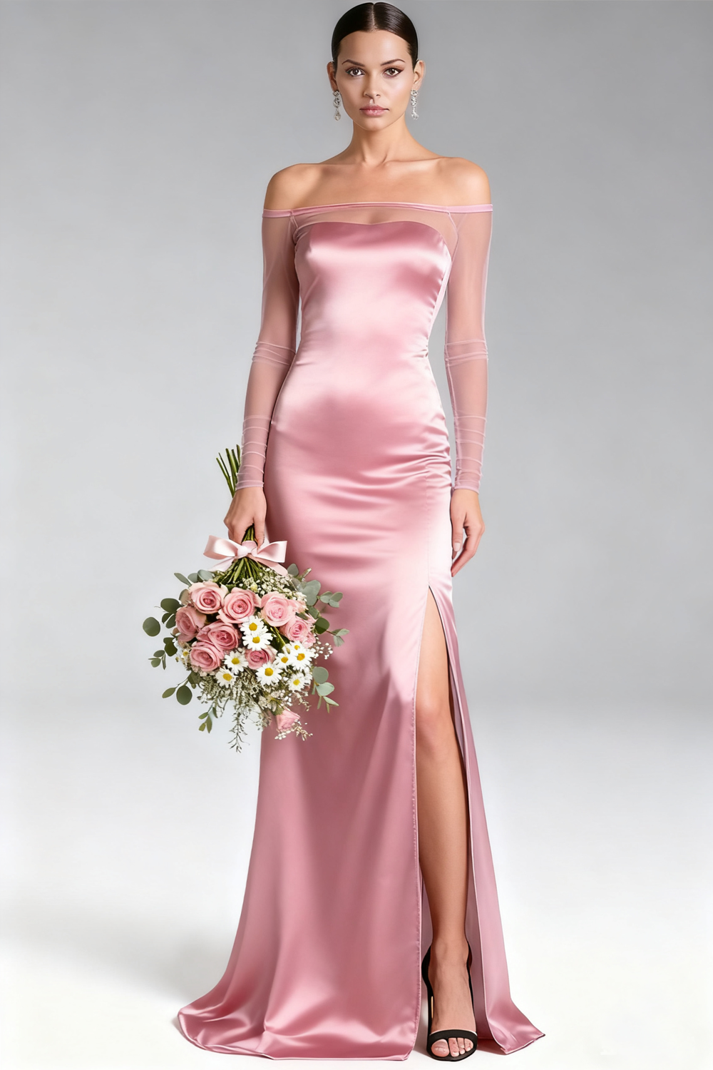 Leely Women Pink Mermaid Satin Long Bridesmaid Dress with Slit Long Sleeves Off the Shoulder Wedding Guest Dress with Tulle