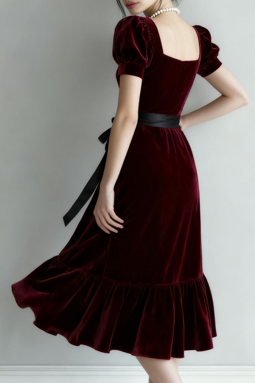 Burgundy A Line Midi Velvet Holiday Party Dress with Sleeves