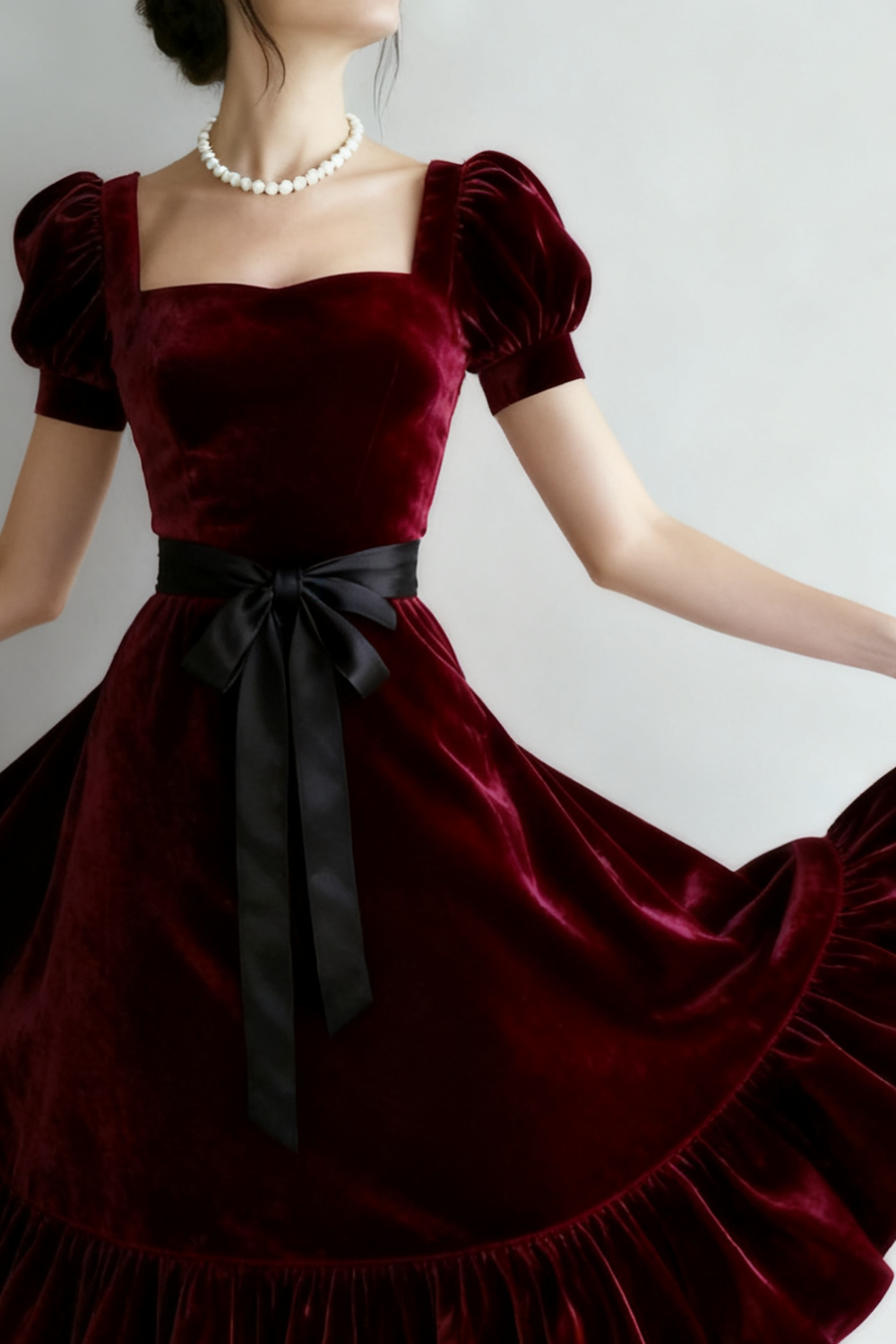 Burgundy A Line Midi Velvet Holiday Party Dress with Sleeves
