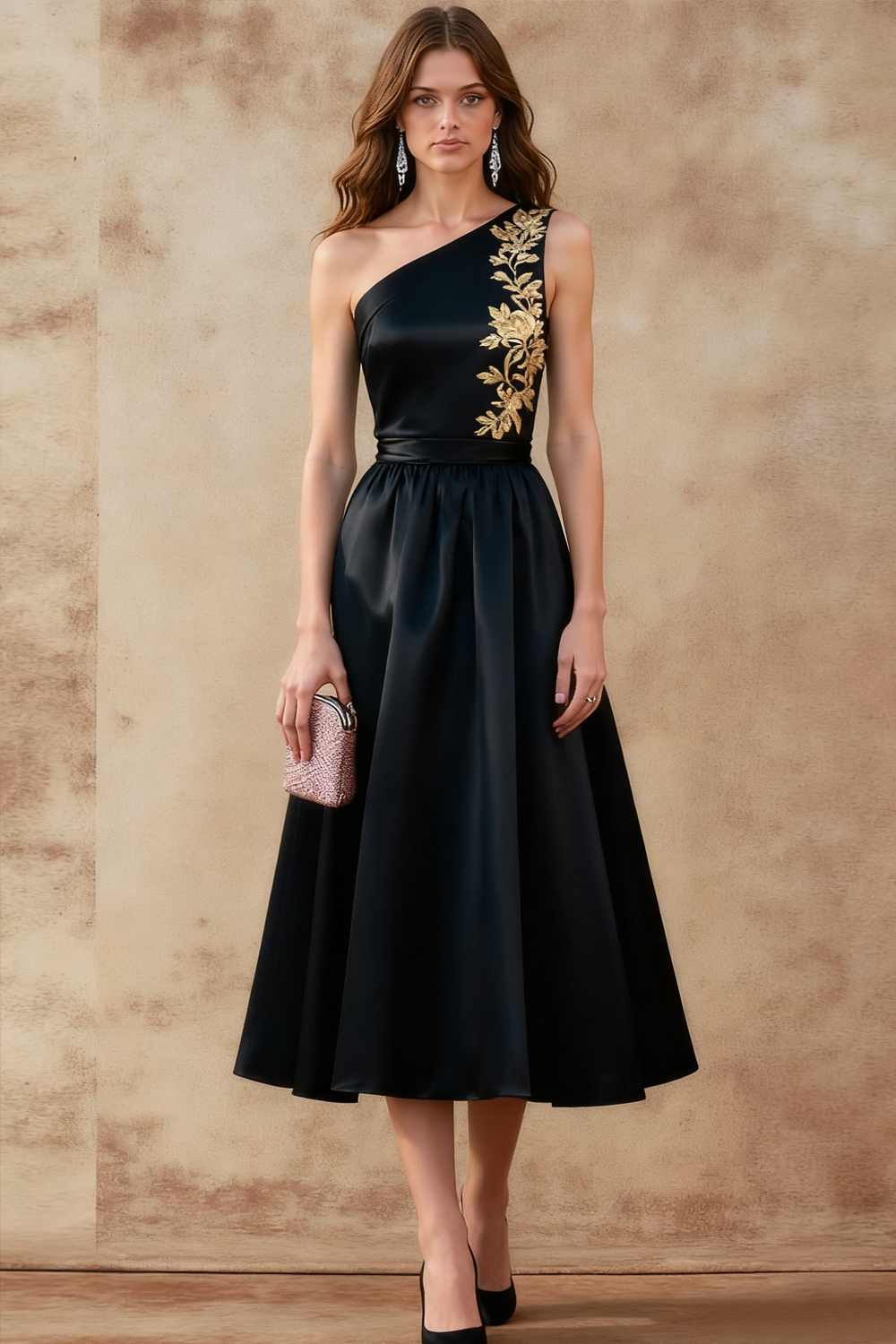 Leely Women Black Satin A Line Long Formal Dress One Shoulder Print Flower Evening Dress