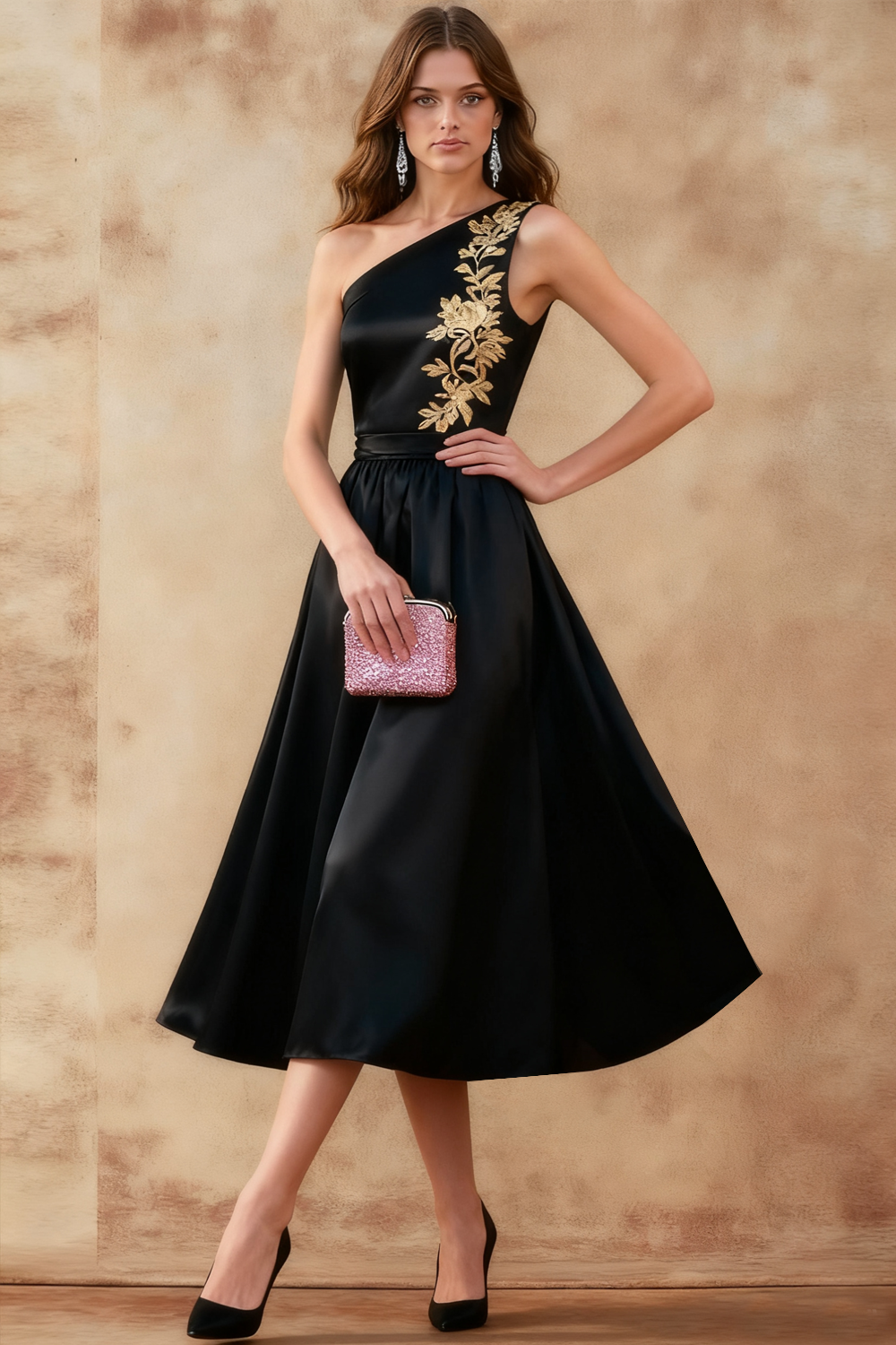 Black Satin A Line One Shoulder Print Flower Long Formal Dress