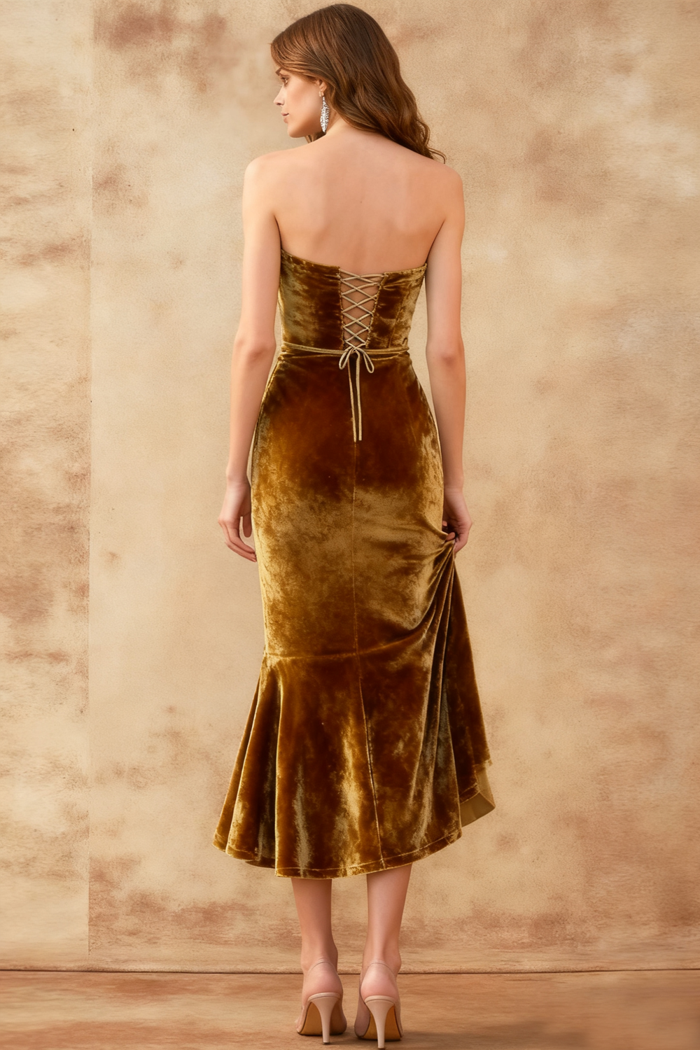 Leely Women Dark Yellow Velvet Strapless Midi Holiday Party Dress Mermaid Criss Cross Formal Dress