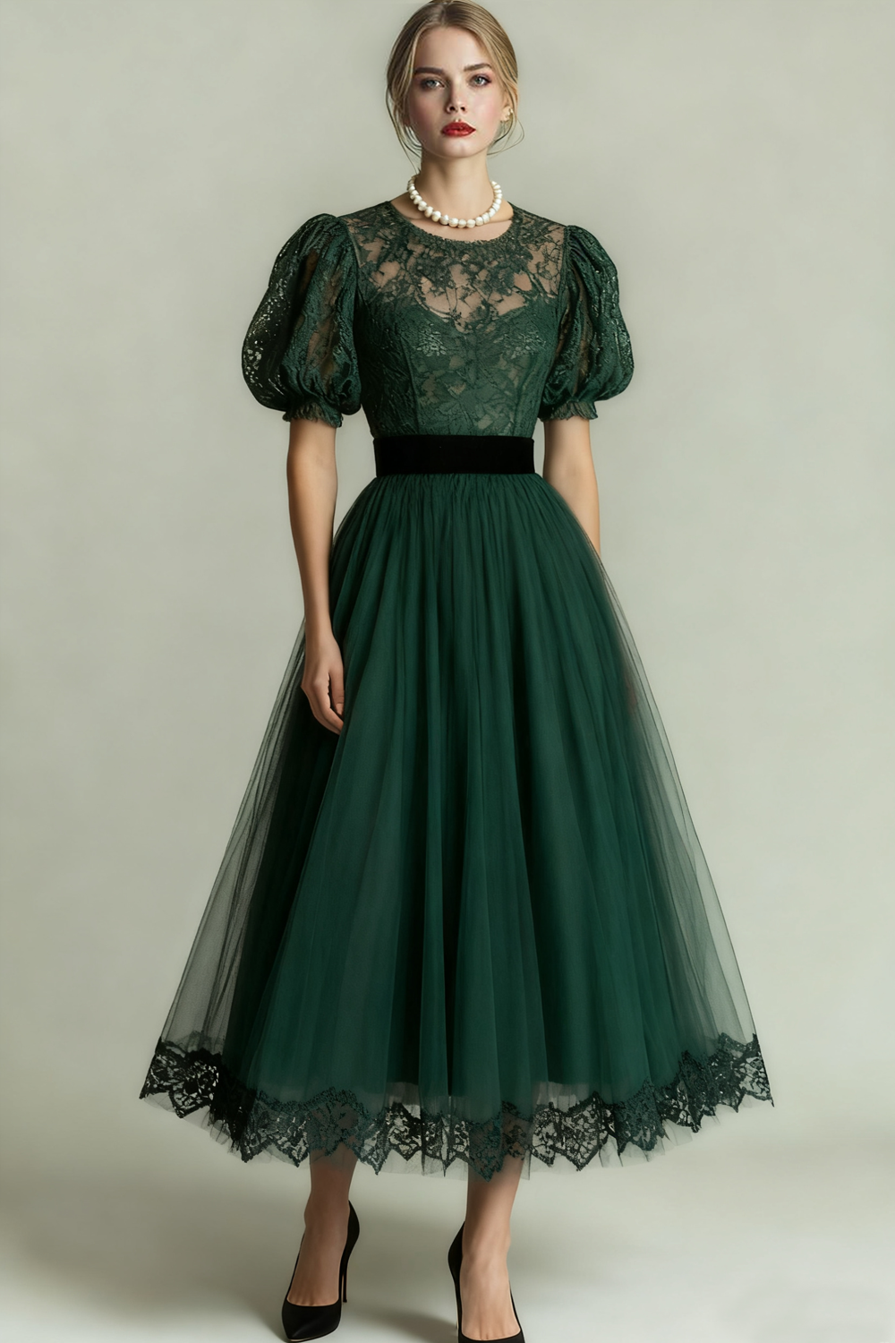 Dark Green Long Tulle A Line Evening Dress with Lace