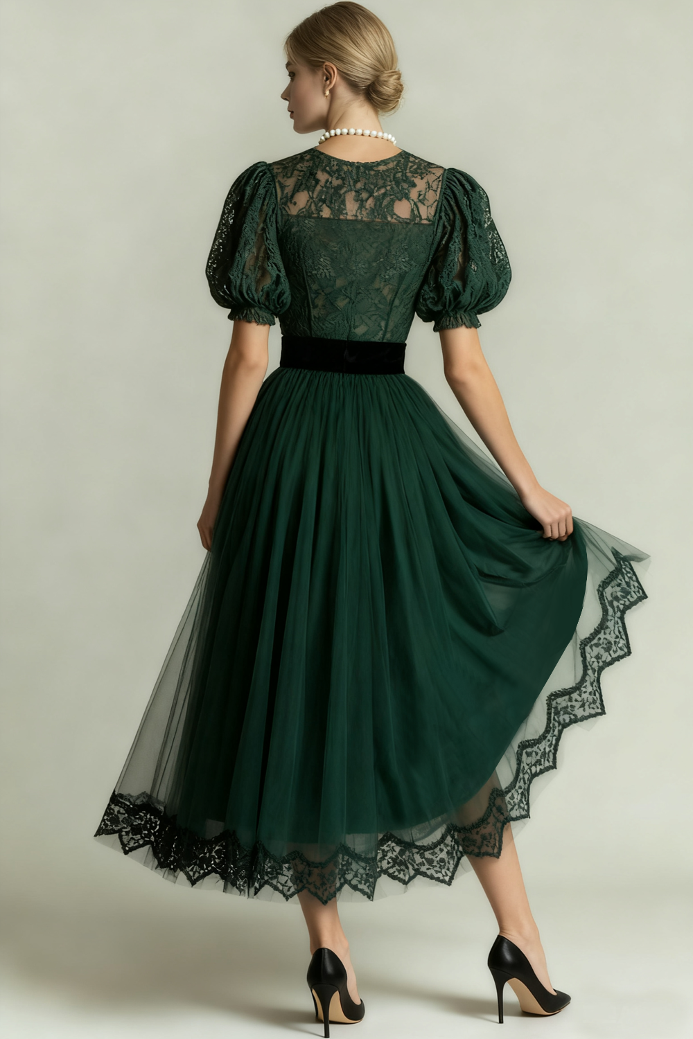 Dark Green Long Tulle A Line Evening Dress with Lace