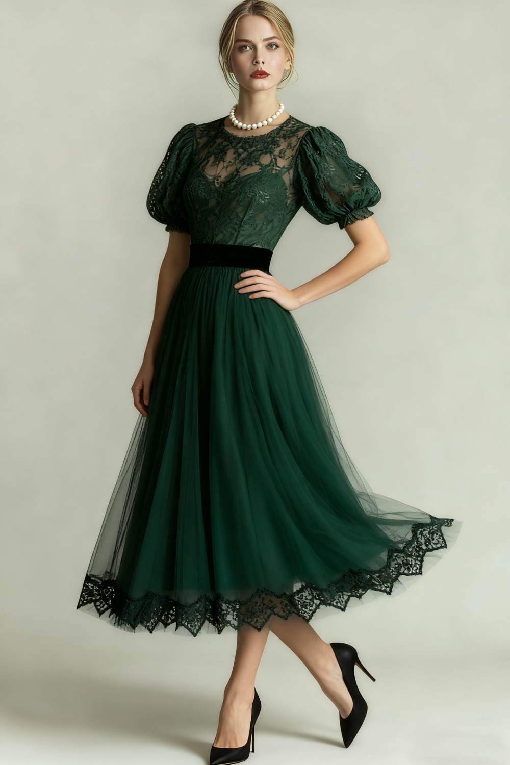 Dark Green Long Tulle A Line Evening Dress with Lace