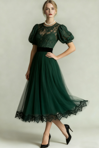 Dark Green Long Tulle A Line Evening Dress with Lace