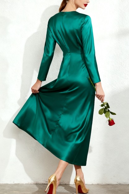 Emerald Green Round Neck Satin Long Evening Dress with Sleeves