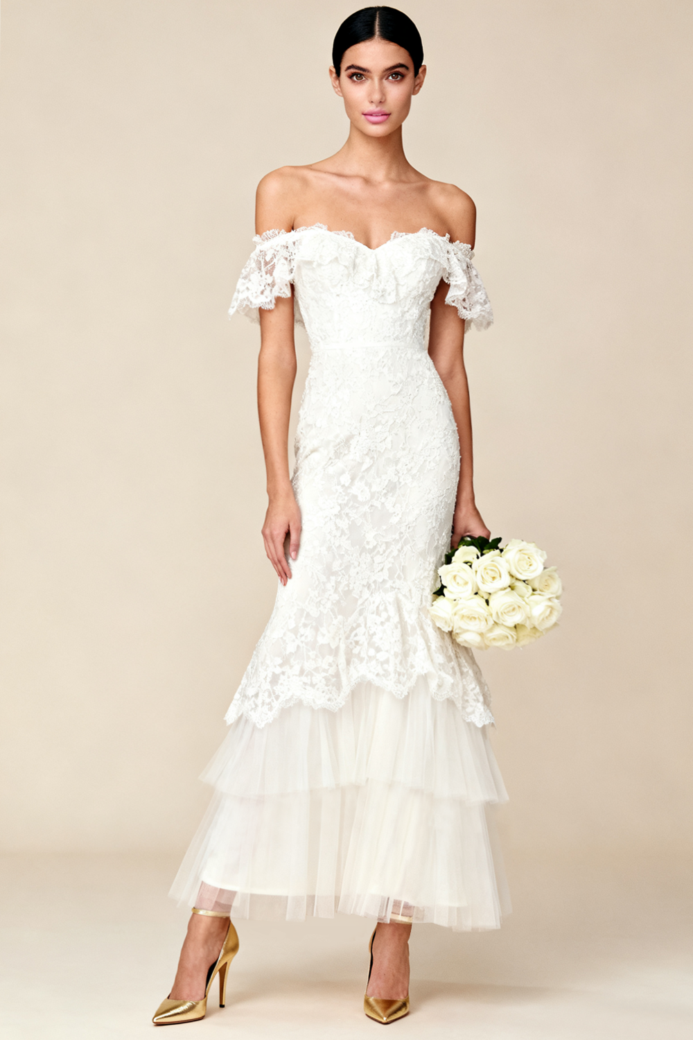 Leely Women White Mermaid Lace Long Courthouse Wedding Dress Tiered Off the Shoulder Engagement Dress with Tulle