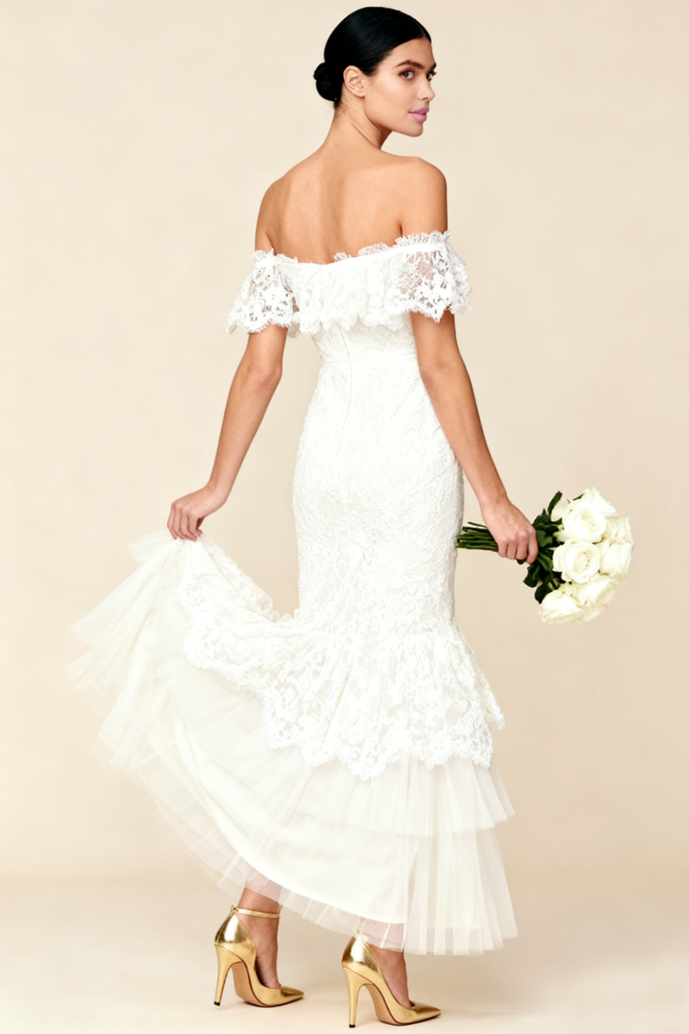 White Mermaid Tiered Lace Long Wedding Dress