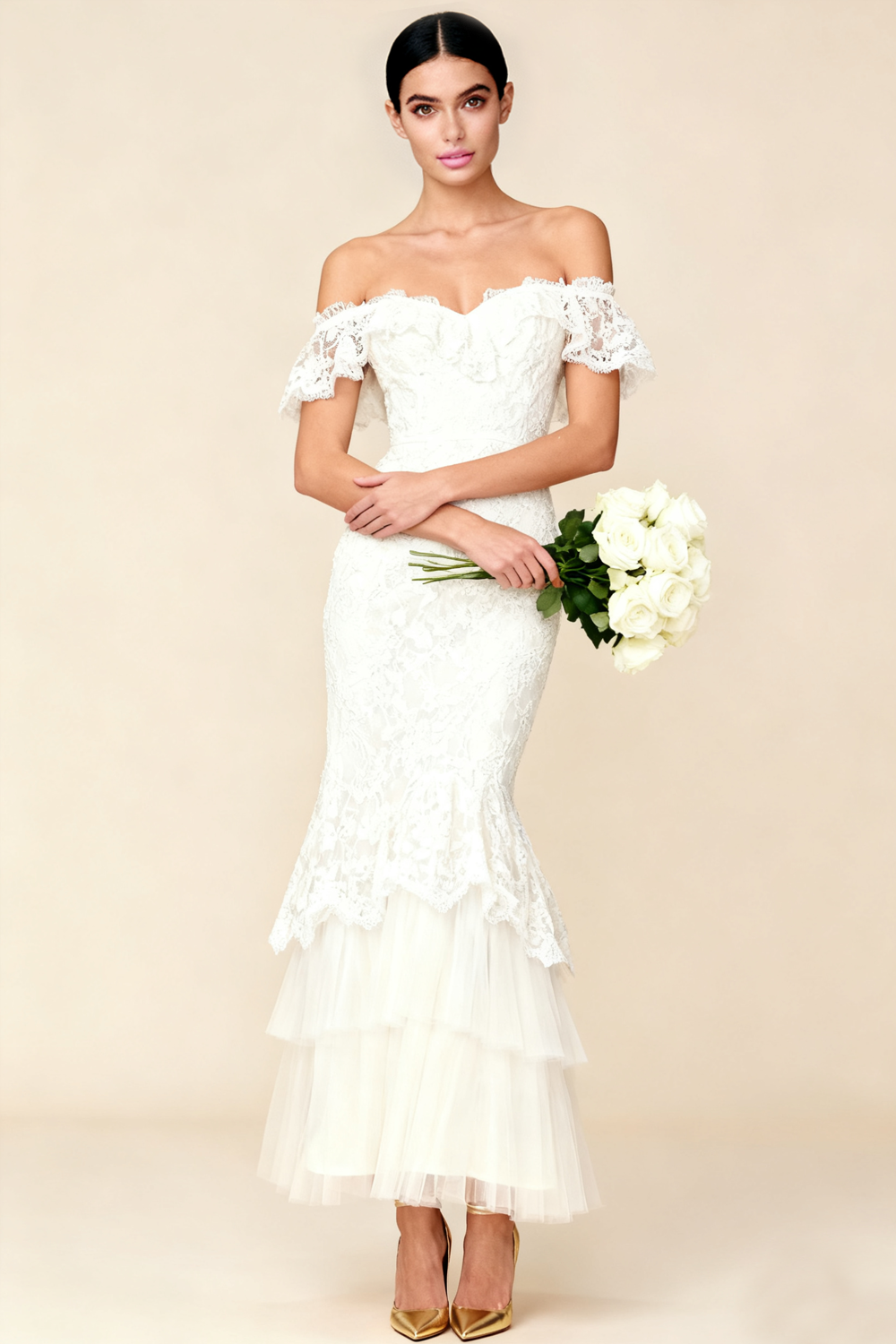 White Mermaid Tiered Lace Long Wedding Dress