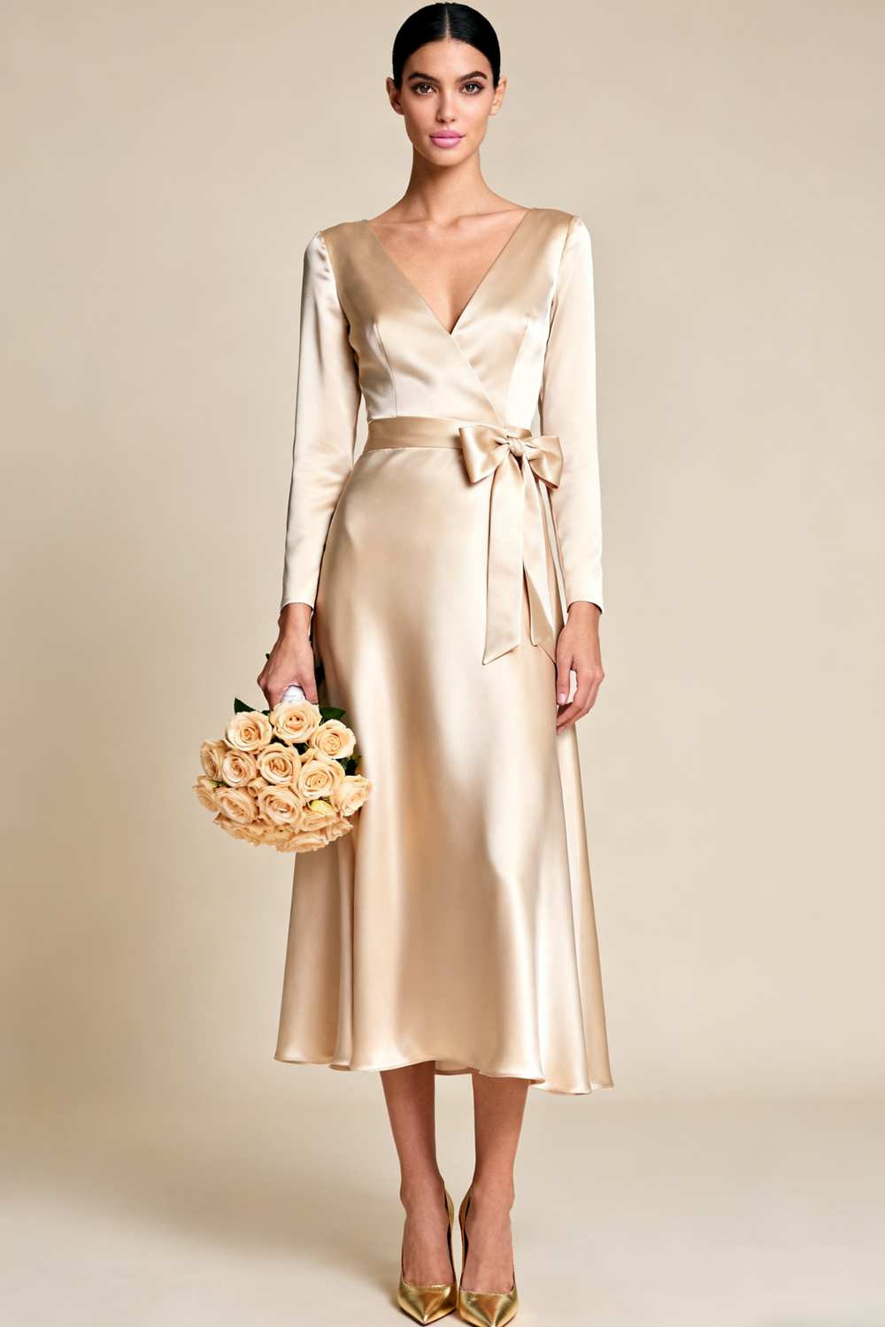Champagne V-Neck Maxi Satin Engagement Dress with Bow
