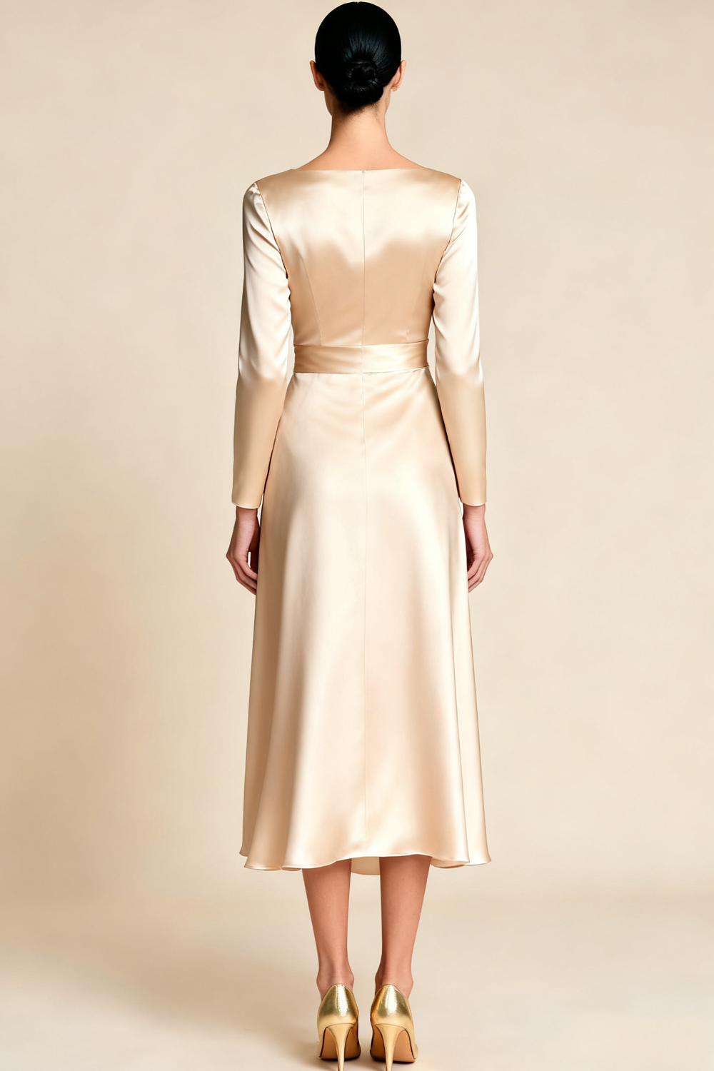 Champagne V-Neck Maxi Satin Engagement Dress with Bow