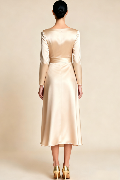 Champagne V-Neck Maxi Satin Engagement Dress with Bow