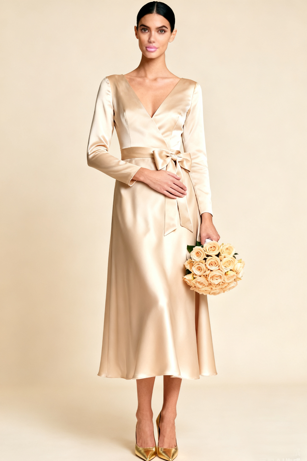 Champagne V-Neck Maxi Satin Engagement Dress with Bow