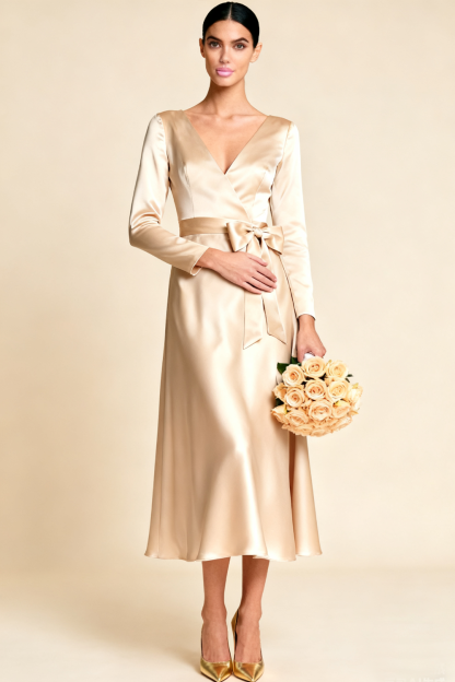 Champagne V-Neck Maxi Satin Engagement Dress with Bow