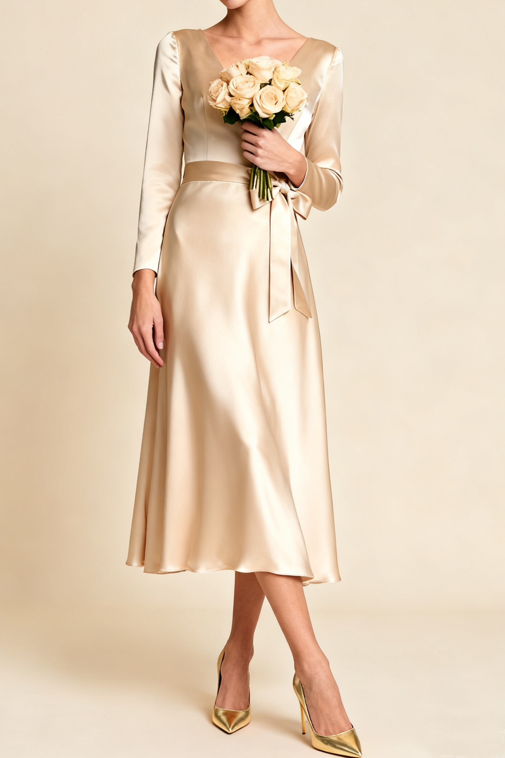 Champagne V-Neck Maxi Satin Engagement Dress with Bow
