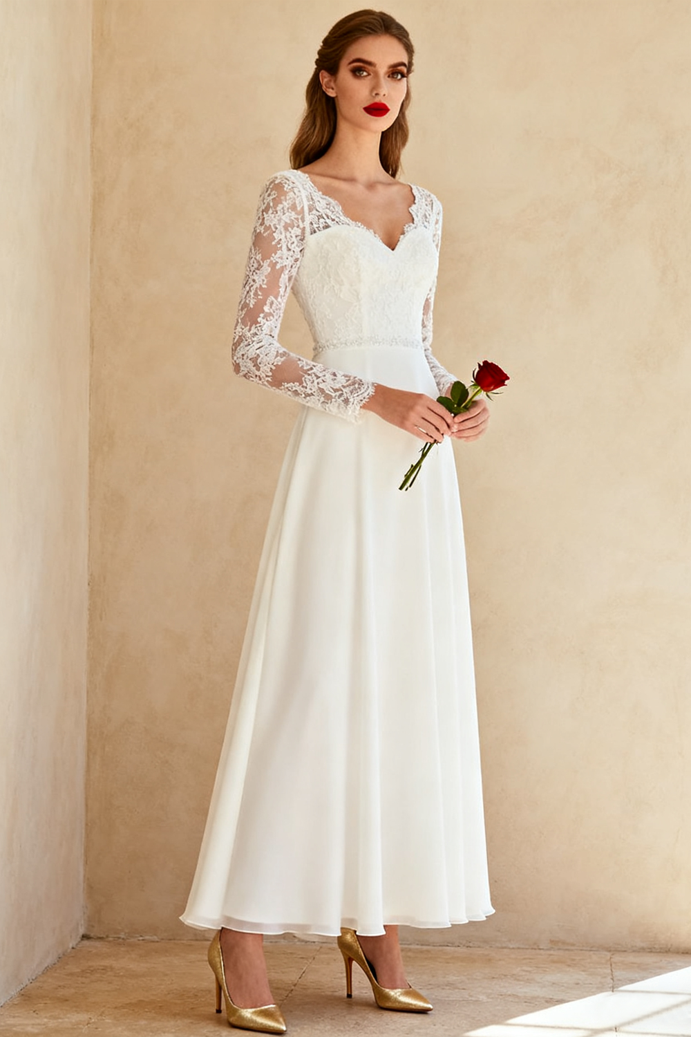 White A Line V-Neck Long Wedding Dress with Lace