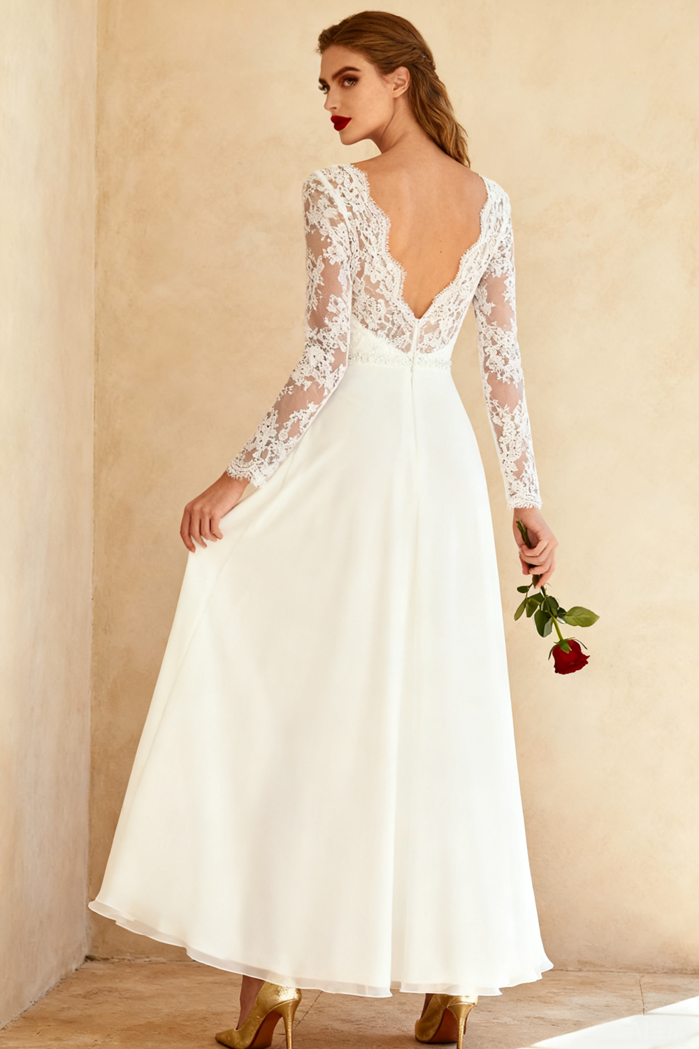 White A Line V-Neck Long Wedding Dress with Lace