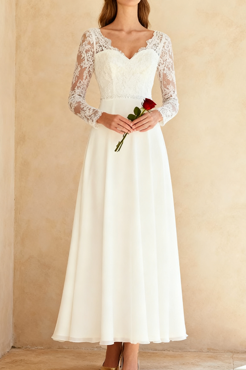 White A Line V-Neck Long Wedding Dress with Lace