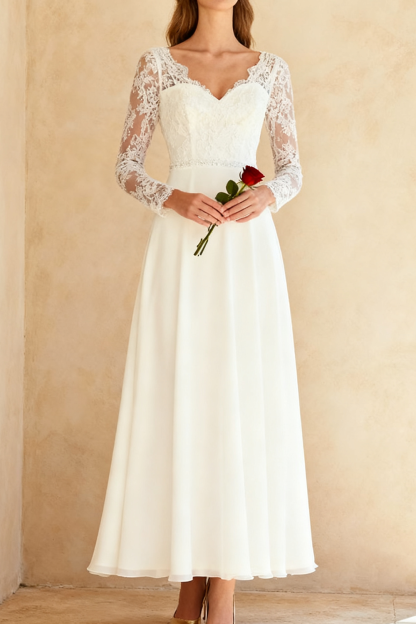 White A Line V-Neck Long Wedding Dress with Lace