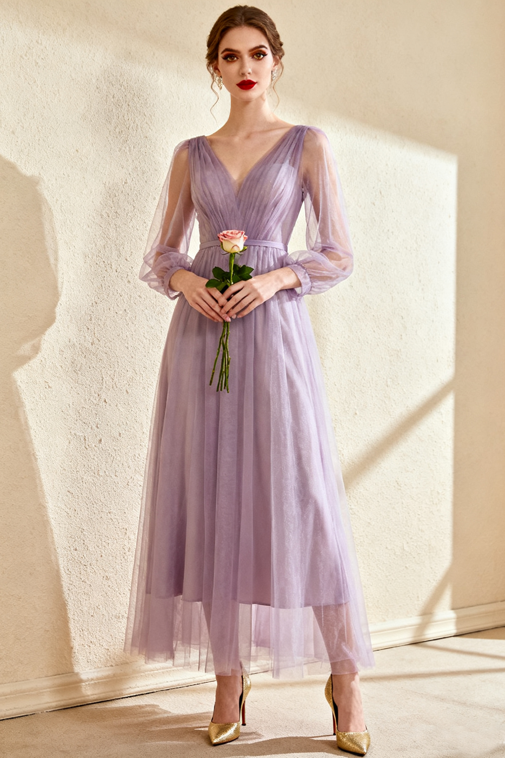 Lilac V-Neck A Line Long Tulle Evening Dress with Sleeves