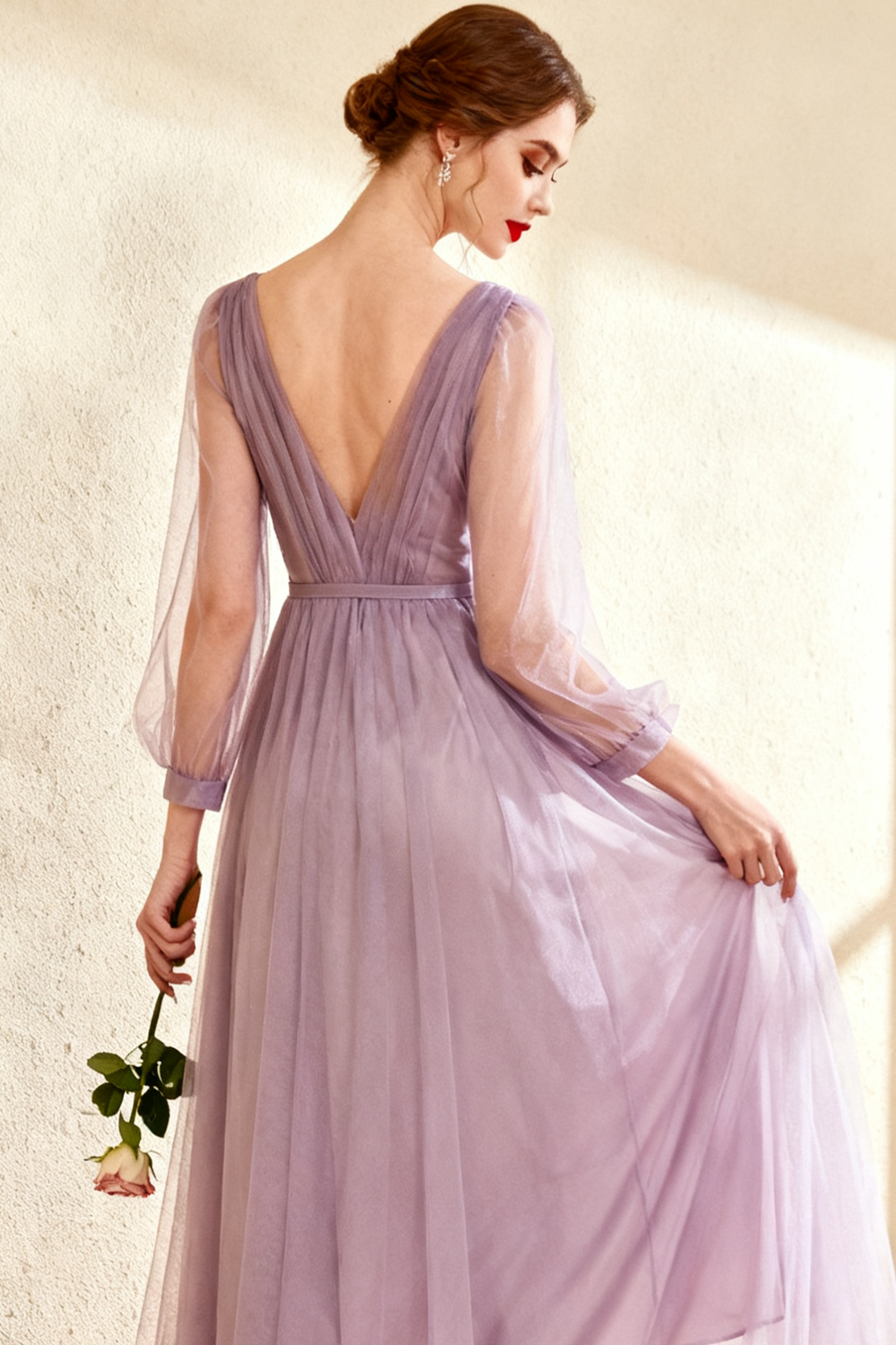 Lilac V-Neck A Line Long Tulle Evening Dress with Sleeves