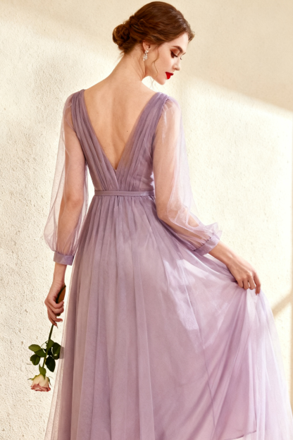 Lilac V-Neck A Line Long Tulle Evening Dress with Sleeves