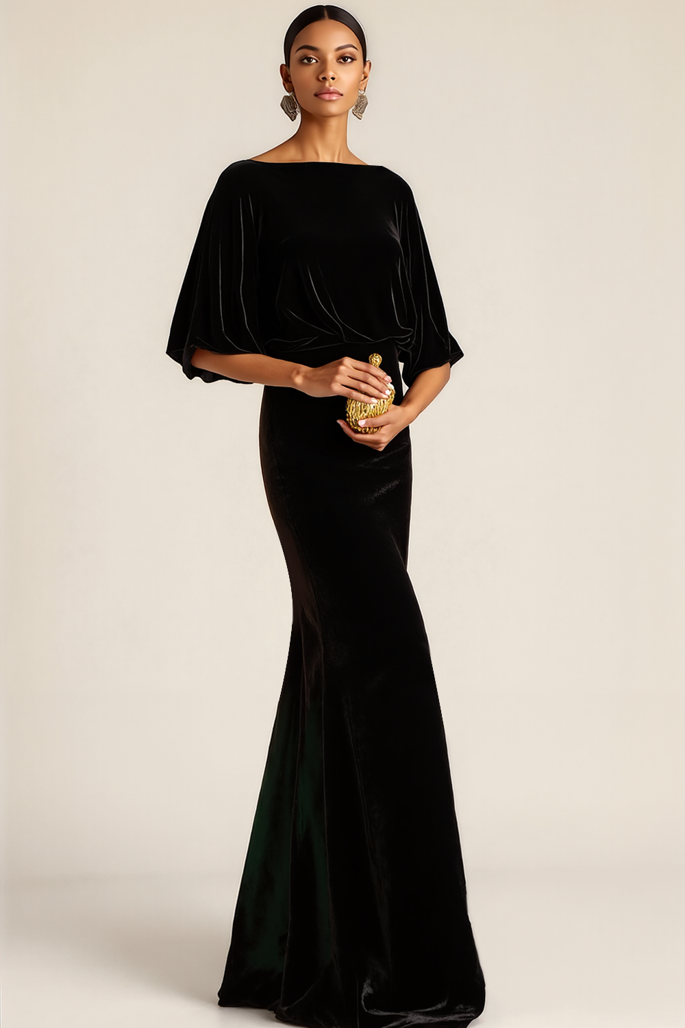 Leely Women Black Velvet Long Holiday Party Dress Mermaid Bateau Neck Formal Dress with Sleeves